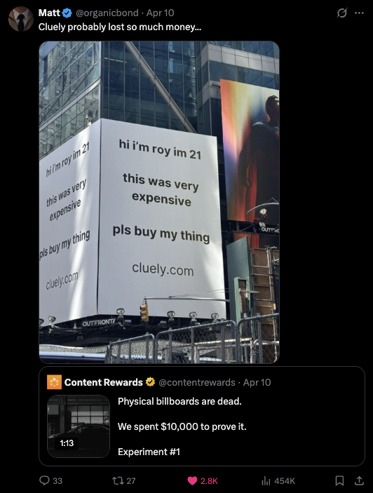 Matt’s post about Cluely billboards shown with 454 thousand views