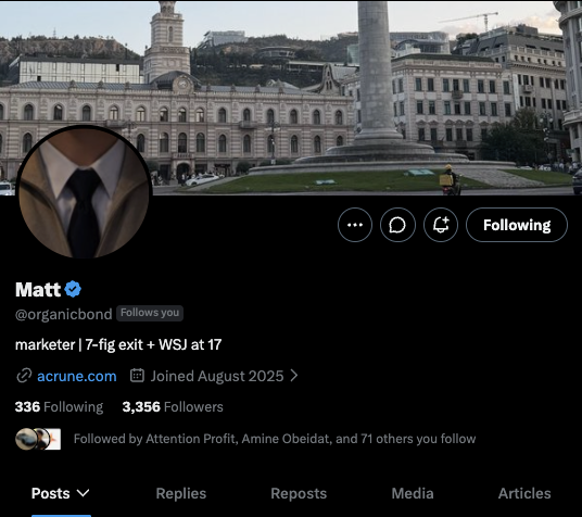 Matt’s X profile showing 3,356 followers and a 7-fig exit bio