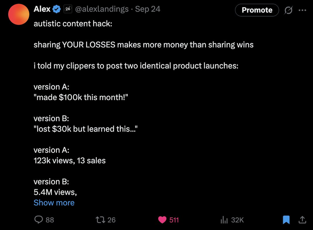 Alex post about sharing losses, shown with 32 thousand views