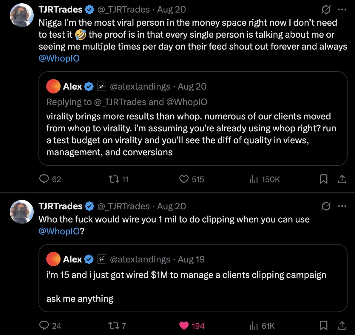 Public exchange between Alex and TJRTrades about Virality and Whop